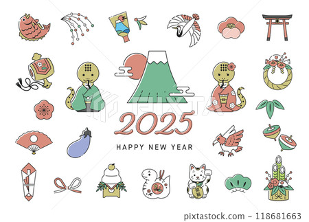 2025 Year of the Snake New Year's card - Snake couple and Mt. Fuji, New Year's decoration line icon / horizontal / snake, 118681663