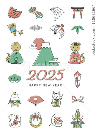 2025 Year of the Snake New Year's card - Snake couple and Mt. Fuji, New Year's decoration line icon / vertical / snake, 118681664