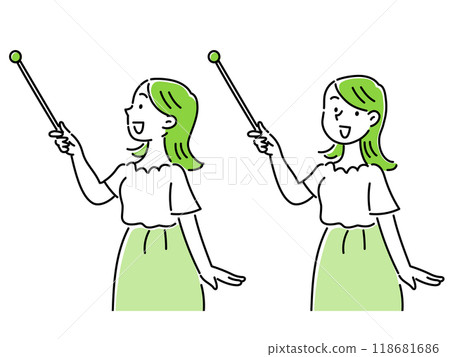 A smiling young woman wearing a skirt explaining with a pointer 118681686