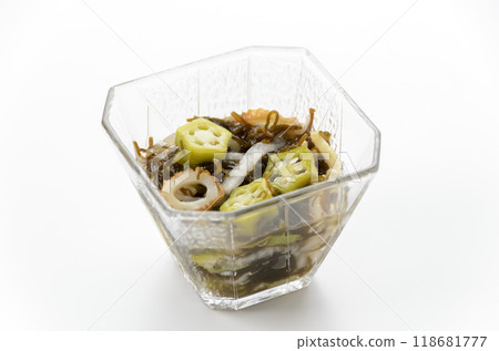 Okra and thick mozuku seaweed in vinegar Okra and thick mozuku seaweed in vinegar 118681777
