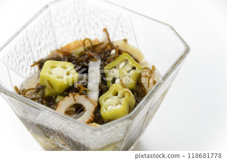 Okra and thick mozuku seaweed in vinegar Okra and thick mozuku seaweed in vinegar 118681778