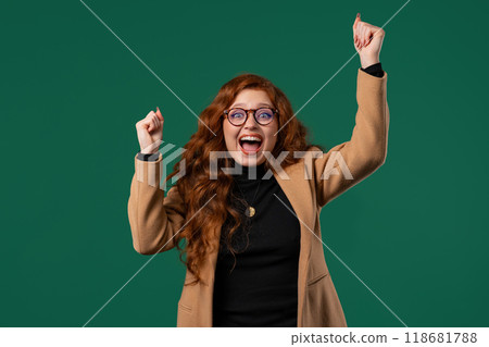 Stylish BusinessWoman shows triumph yes victory gesture,she won jackpot, lottery 118681788