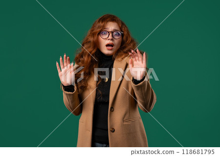 Nervous frozen businesswoman feeling anxiety. Need psychological help support Nervous frozen businesswoman feeling anxiety. Need psychological help support 118681795