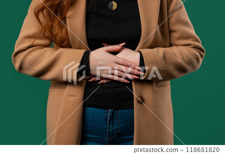 Businesswoman squeezing belly with hands. abdominal pain, suffering stomach ache 118681820