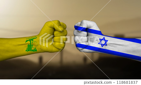 Israel against Hezbollah, two colored fists representing the two groups facing off Israel against Hezbollah, two colored fists representing the two groups facing off 118681837