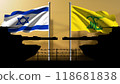 Israel against Hezbollah, two tank silhouettes facing each other with their respective flags on top 118681838
