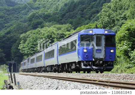 Hokuto Express train running on the Muroran Main Line Hokuto Express train running on the Muroran Main Line 118681843