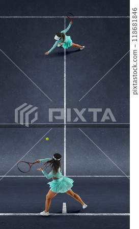 Head-to-head challenge on court as players fight for each point with powerful swings and perfect footwork in this intense tennis match. 118681846