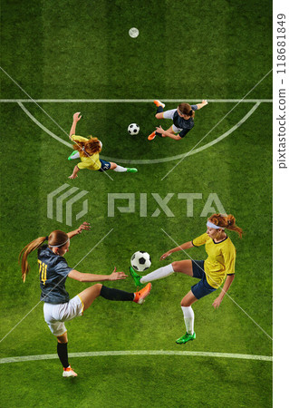 Teamwork and fierce footwork collide as players aim for goal. Every pass, tackle, and move adds intensity to this heated soccer competition. Teamwork and fierce footwork collide as players aim for goal. Every pass, tackle, and move adds intensity to this heated soccer competition. 118681849