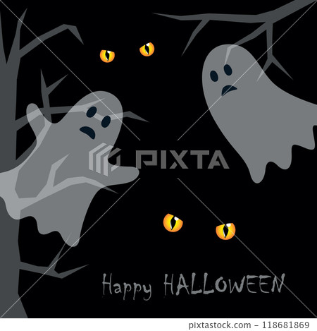halloween design with spooky ghost and cats eyes vector illustration halloween design with spooky ghost and cats eyes vector illustration 118681869