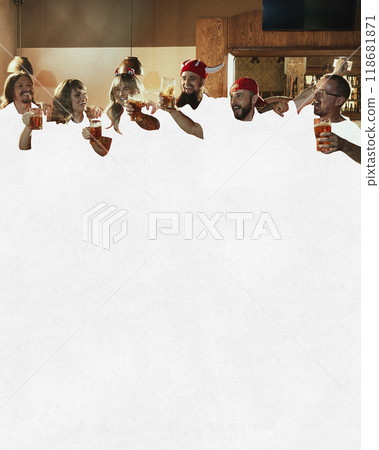Contemporary art collage. Group toasting with beers, their outfits merging into background, symbolizing unity in celebration while individuality dissolves into shared joy. Contemporary art collage. Group toasting with beers, their outfits merging into background, symbolizing unity in celebration while individuality dissolves into shared joy. 118681871