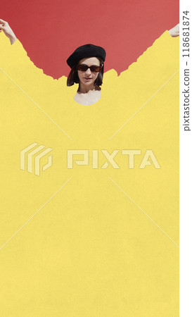Contemporary art collage. woman in beret stands against red, her individuality cloaked by yellow, symbolizing struggle to maintain uniqueness in corporate world. 118681874