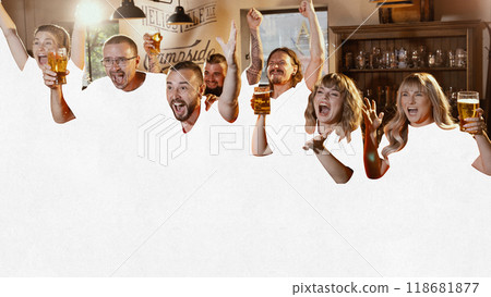 Contemporary art collage. Group cheers in unison, their blank torsos symbolizing how collective success in business can overshadow personal contributions. 118681877