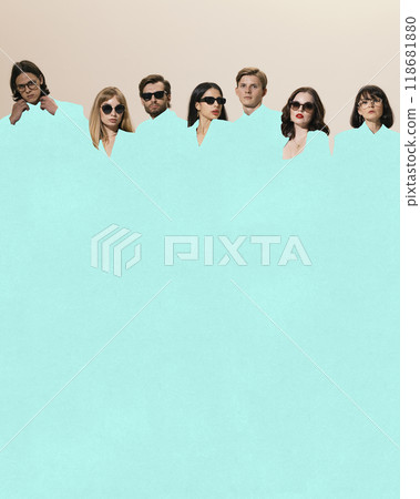 Contemporary art collage. Workers in sunglasses merge into turquoise, reflecting how in business, collective vision overtakes individuality, blending creativity into conformity. Contemporary art collage. Workers in sunglasses merge into turquoise, reflecting how in business, collective vision overtakes individuality, blending creativity into conformity. 118681880