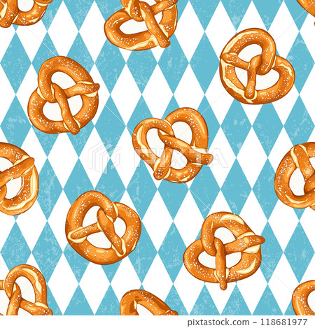 Vector Illustration of Pretzels on Bavarian Background. Seamless pattern for Oktoberfest design. Vector Illustration of Pretzels on Bavarian Background. Seamless pattern for Oktoberfest design. 118681977