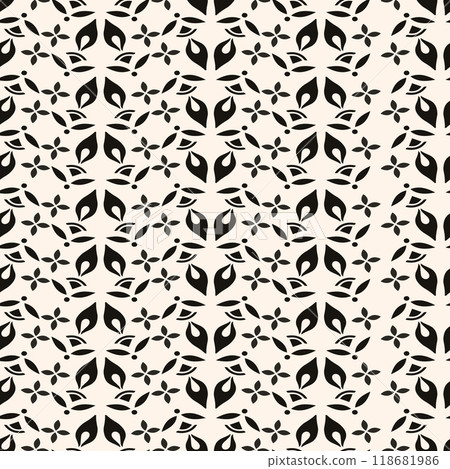 Simple minimalist floral pattern. Minimal seamless texture with small flower shapes. Abstract black and white geometric background. For print, package 118681986