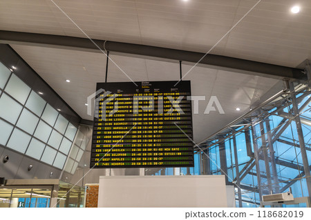 Digital arrival and departure board at contemporary airport in Spain Digital arrival and departure board at contemporary airport in Spain 118682019