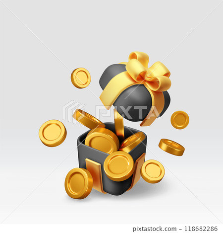 3D black open gift box full of gold coins 3D black open gift box full of gold coins 118682286