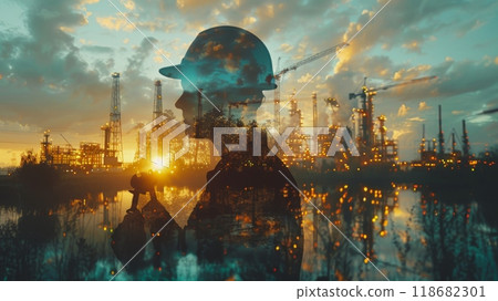 Double exposure of an engineer wearing a helmet at an oil production plant, in the style of double exposure photography, front view, in a futuristic style 118682301