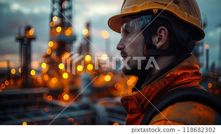Double exposure of an engineer wearing a helmet at an oil production plant, in the style of double exposure photography, front view, in a futuristic style 118682302