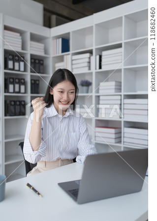 woman happiness plans for financial success by integrating budget and marketing strategies to optimize overall finance management 118682460