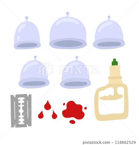 Illustration set of hijama items doodle flat style. Traditional cupping therapy concept Illustration set of hijama items doodle flat style. Traditional cupping therapy concept 118682529