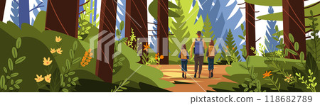 Family hiking in forest nature scene vibrant colors detailed foliage tall trees flowers greenery outdoor adventure landscape banner 118682789