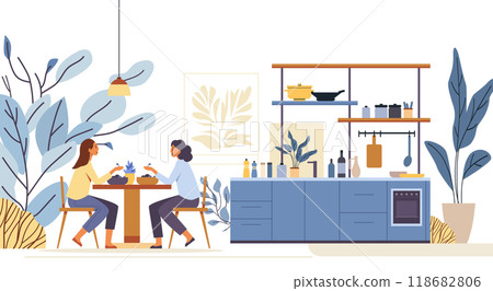 Two women dining modern kitchen plants. Detailed kitchen interior with two women eating at a table surrounded by plants and kitchenware 118682806