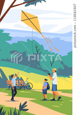 Family flying kite in park nature scene with trees people enjoying outdoor activity colorful landscape Family flying kite in park nature scene with trees people enjoying outdoor activity colorful landscape 118682807