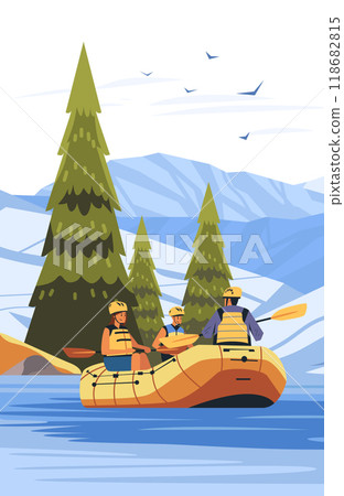 Rafting adventure in mountain river with pine trees and snow-capped peaks people in raft wearing safety gear paddling blue water scenic nature 118682815