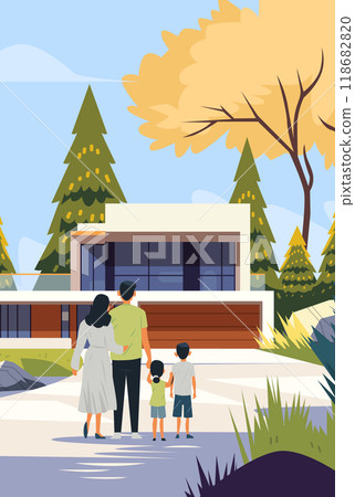 Family outdoors modern house trees nature landscape. A family of four stands in front of a modern house surrounded by trees and greenery under a clear blue sky 118682820
