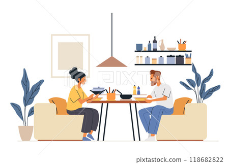Couple dining together home kitchen interior cooking utensils plants minimalist decor cozy atmosphere 118682822