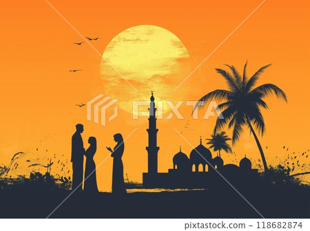 Muslim man and woman praying in front of a mosque with silhouette design Muslim man and woman praying in front of a mosque with silhouette design 118682874