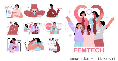 FEMTECH set. Technologies, software, products and services for woman's health, wellbeing and security. Menstrual cycle, fertility, pregnancy and postpatrum support. Flat vector illustration FEMTECH set. Technologies, software, products and services for woman's health, wellbeing and security. Menstrual cycle, fertility, pregnancy and postpatrum support. Flat vector illustration 118682941