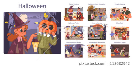 Halloween celebrating. Happy children wearing costume. Friends on a trick or treat party. Carnival decorations and pumpkin curving. Scary night traditions. Flat vector illustration 118682942