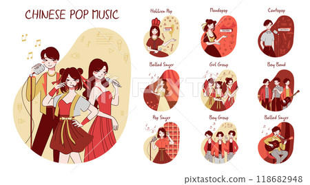 Chinese pop music set. Musicians playing instrument and singing with a microphone. Taiwan, cantonese and mandarin music. Girl and boy band. Flat vector illustration 118682948