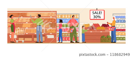 Supermarket interior. Grocery shop with cashier and customers buying food. Characters buying groceries at local market. Flat vector illustration Supermarket interior. Grocery shop with cashier and customers buying food. Characters buying groceries at local market. Flat vector illustration 118682949