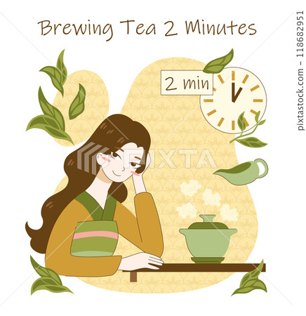 Tea ceremony rules and process. Japanese or chinese female character in kimono preparing and brewing green tea. Traditional asian culture. Flat vector illustration 118682951