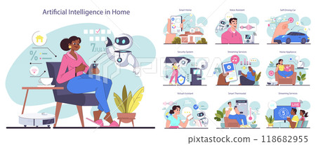 Artificial intelligence technologies set. Smart house system, iot appliances, security equipment and virtual assistance. Internet of things application. Flat vector illustration 118682955