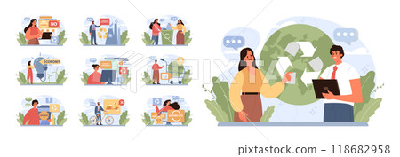 Conscious consumption set. Character with eco-friendly life-style. Sustainable practice in the daily life. Zero waste and recycling. Flat vector illustration 118682958