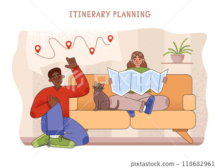 Couple road trip. Young man and woman going on vacation by a car. Characters planning a summer holidays, traveling the world together. Flat vector illustration Couple road trip. Young man and woman going on vacation by a car. Characters planning a summer holidays, traveling the world together. Flat vector illustration 118682961