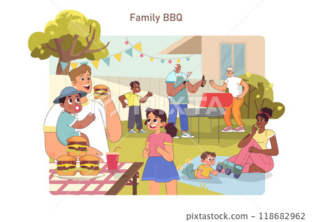 BBQ family party. Characters grilling meat and hamburger outside. Summer leisure with children, parents and grandparents. Backyard picnic on a weekend. Flat vector illustration BBQ family party. Characters grilling meat and hamburger outside. Summer leisure with children, parents and grandparents. Backyard picnic on a weekend. Flat vector illustration 118682962