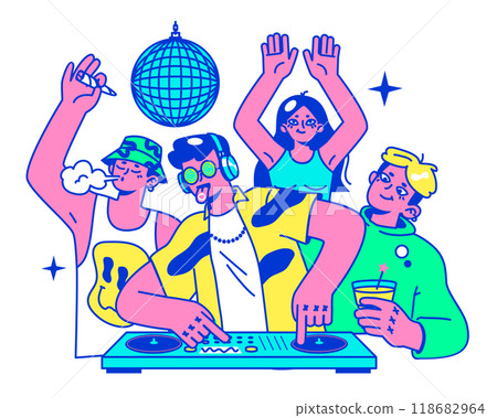 Psychedelic trip party. Rave camp. Characters dancing and drinking alcohol, taking drugs, mushrooms and smoking weed at festival campsite. Flat vector illustration Psychedelic trip party. Rave camp. Characters dancing and drinking alcohol, taking drugs, mushrooms and smoking weed at festival campsite. Flat vector illustration 118682964