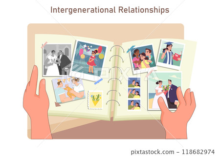 Intergenerational family relationships. Hands holding memory photo album with big events photographs. Graduation and wedding snapshots. Desk top view. Flat vector illustration Intergenerational family relationships. Hands holding memory photo album with big events photographs. Graduation and wedding snapshots. Desk top view. Flat vector illustration 118682974