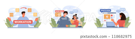 Workcation. Chatacter working away from the office. Digital nomad or freelancer working remotely and globaly. Flexible schedule, outsource technology and work tourism. Flat vector illustration Workcation. Chatacter working away from the office. Digital nomad or freelancer working remotely and globaly. Flexible schedule, outsource technology and work tourism. Flat vector illustration 118682975