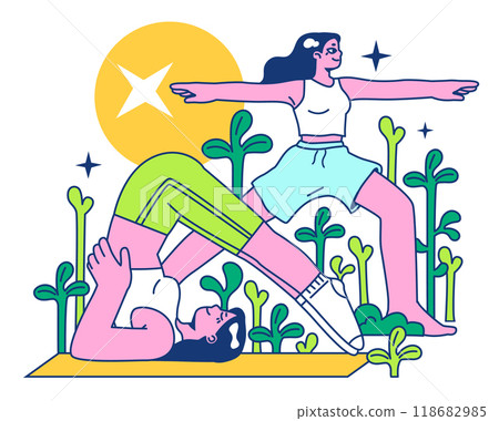 Retreat activity. Female character in a sportswear doing yoga or pilates. Spiritual therapy. Mindfulness and relaxation practices, breathing exercise. Flat vector illustration 118682985