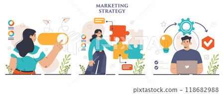 Marketing strategy development set. Marketing campaign, commercial project launching and promotion. Specialist working on marketing strategies for business development. Flat vector illustration Marketing strategy development set. Marketing campaign, commercial project launching and promotion. Specialist working on marketing strategies for business development. Flat vector illustration 118682988