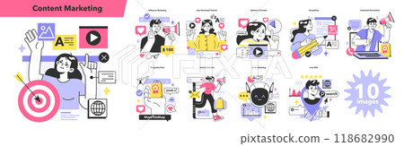 Content marketing set. Brand or product advertising with entertaining and engaging content. Character developing and following a content plan in social media or website. Flat vector illustration 118682990