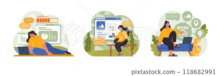 Workcation. Chatacter working away from the office. Digital nomad or freelancer working remotely and globaly. Flexible schedule, outsource technology and work tourism. Flat vector illustration Workcation. Chatacter working away from the office. Digital nomad or freelancer working remotely and globaly. Flexible schedule, outsource technology and work tourism. Flat vector illustration 118682991