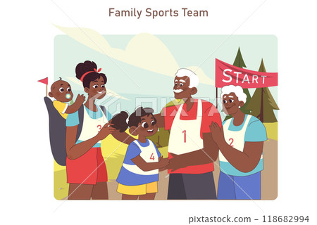 Family sports day. Active parents, grandparents and children team. Fitness competition and festival. Family in sportswear participate in competitive sporting activities. Flat vector illustration 118682994